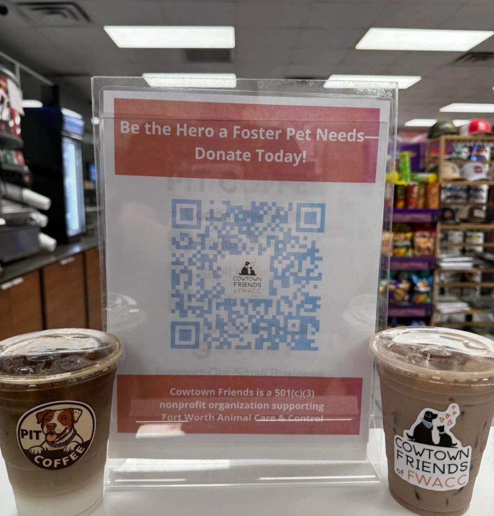 Pit Coffee donation display supporting Cowtown Friends of Fort Worth Animal Care and Control